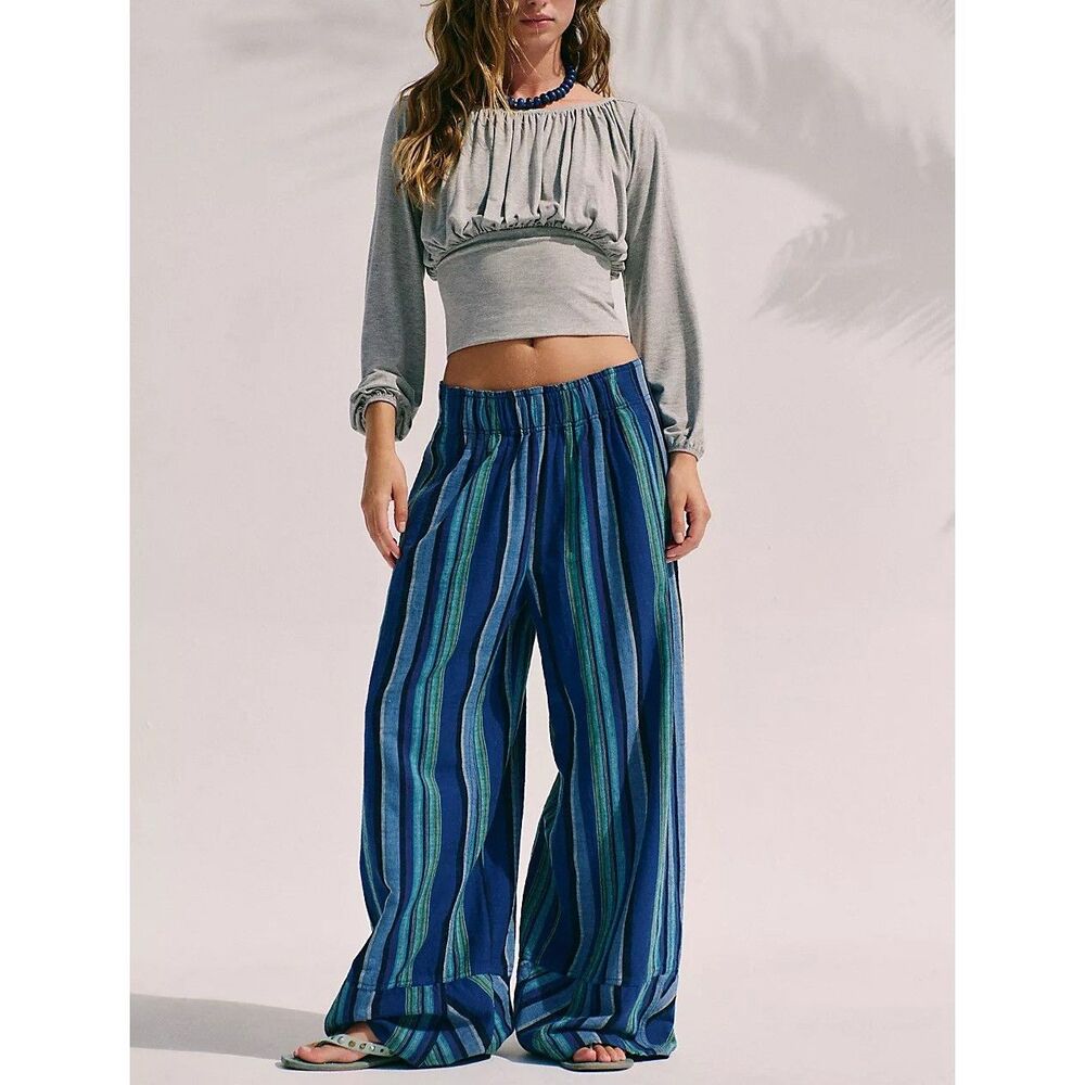 Free People Day's End Linen Striped Pull-On Pants Printed Mid-Rise Navy L 287066
